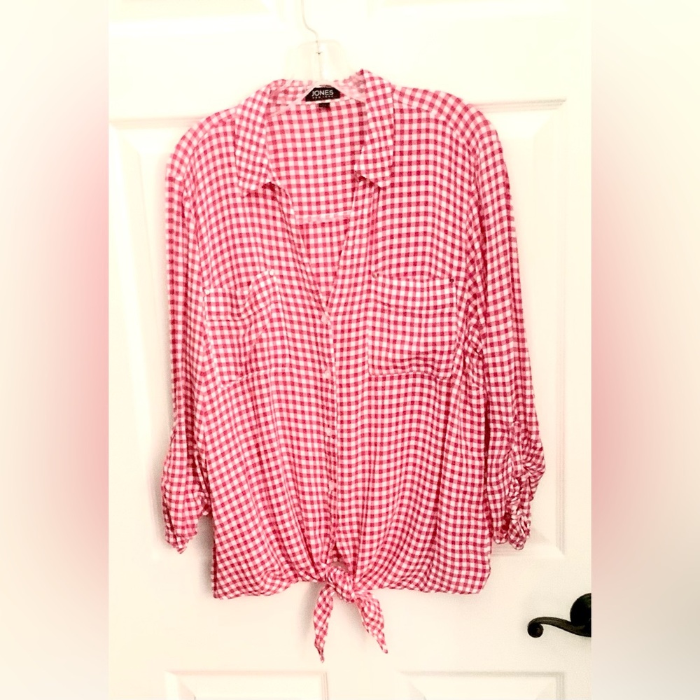 Jones New York Red & White Gingham Tie Front Button Down Shirt